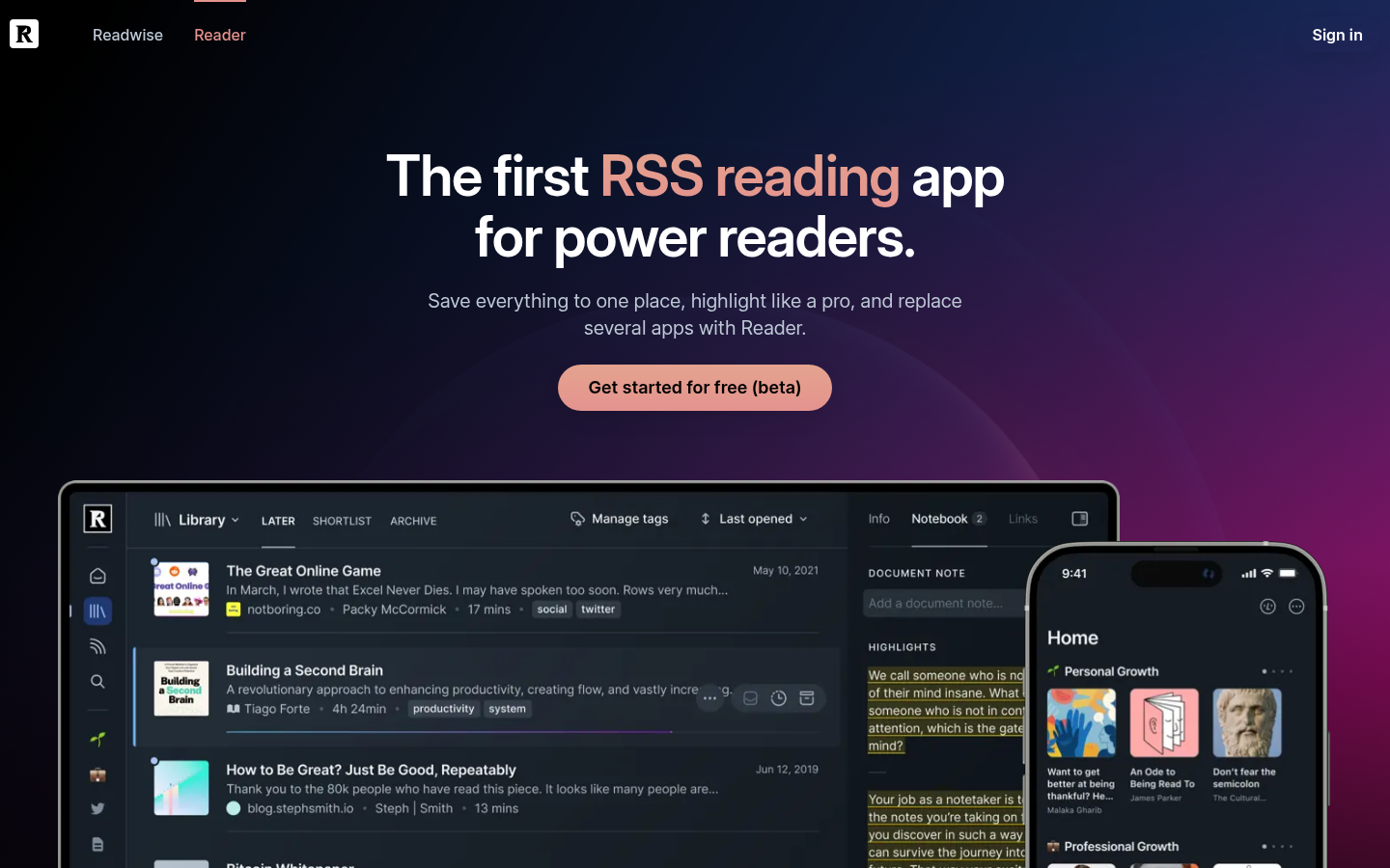 Page d'accueil de Readwise Reader
